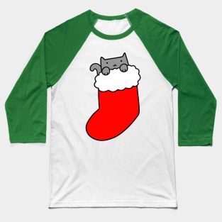 Gray Cat in Christmas Stocking Baseball T-Shirt